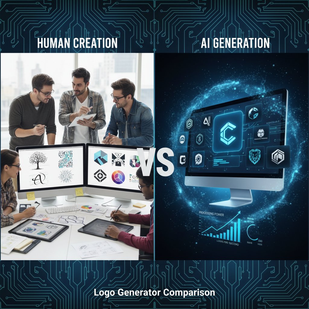 Porównanie różnych generatorów logo na ekranach komputerów, użytkownicy testują narzędzia