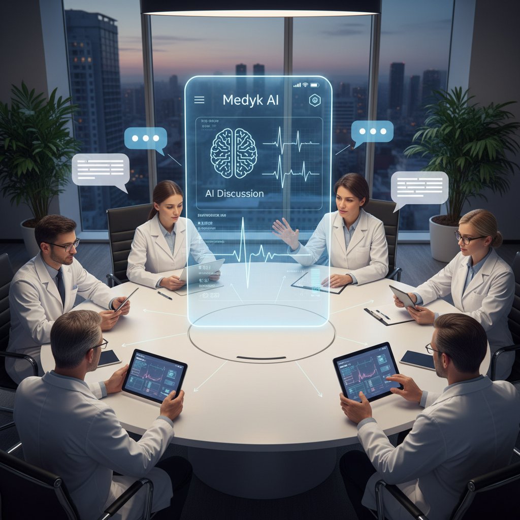 Grupa użytkowników korzysta z aplikacji mobilnej medyk.ai, dyskutując o wynikach badań holtera EKG