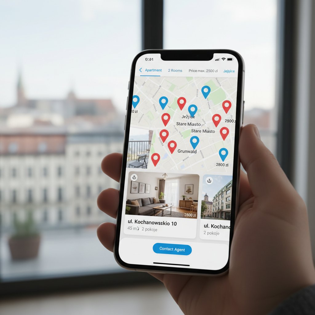 Osoba korzystająca z aplikacji mobilnej do analizy umowy najmu apartamentu w Poznaniu
