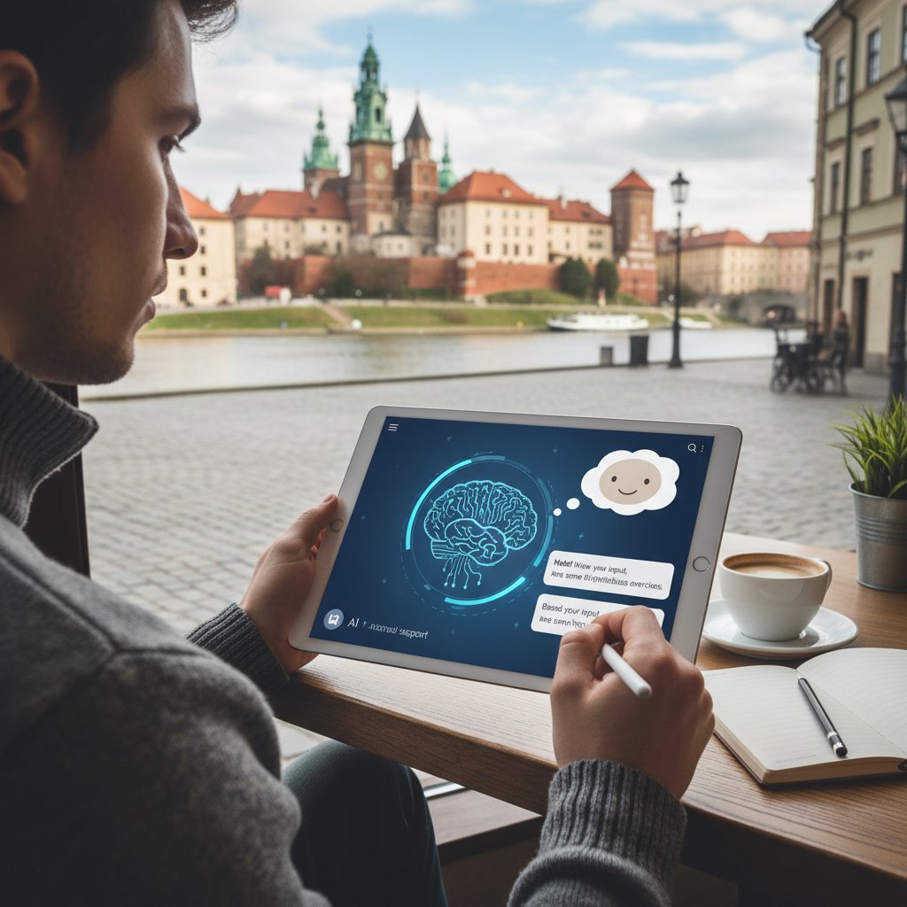 Osoba korzystająca z aplikacji psychologicznej na tablecie, motyw wsparcia AI, Kraków