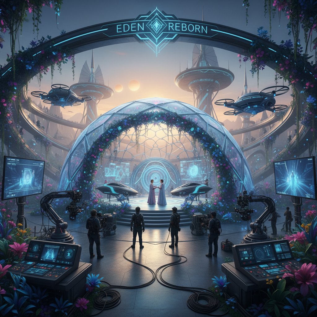 Production team building a utopian film set