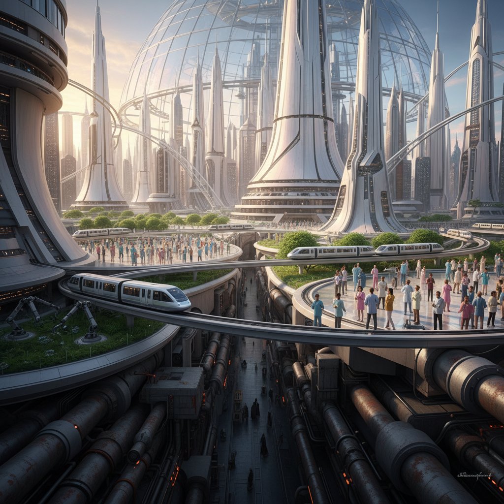 Contrasting utopian facade and hidden darkness in film