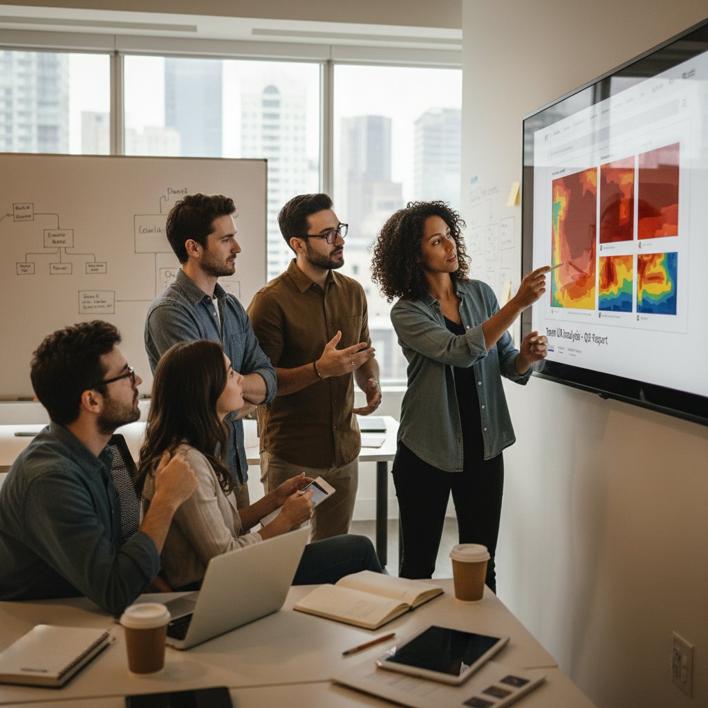 Specjalista ds. UX analizujący heatmapę na monitorze, zespół omawia wyniki