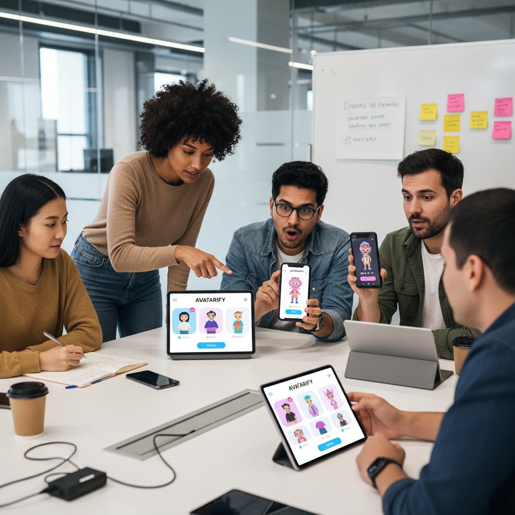Młody zespół UX analizujący wyniki testów avatarów na różnych urządzeniach mobilnych