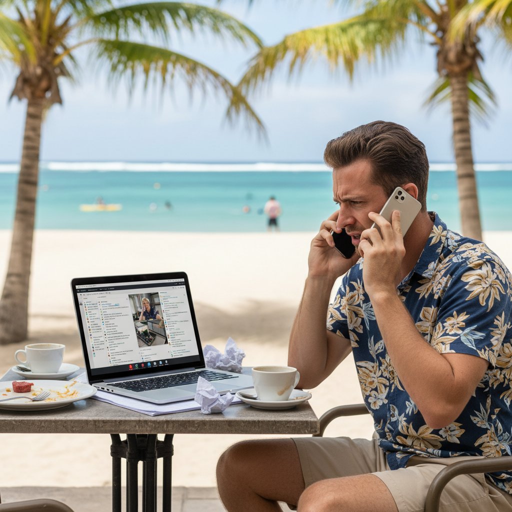 Pracownik na urlopie, ale z telefonem i laptopem – brak prawdziwego odpoczynku