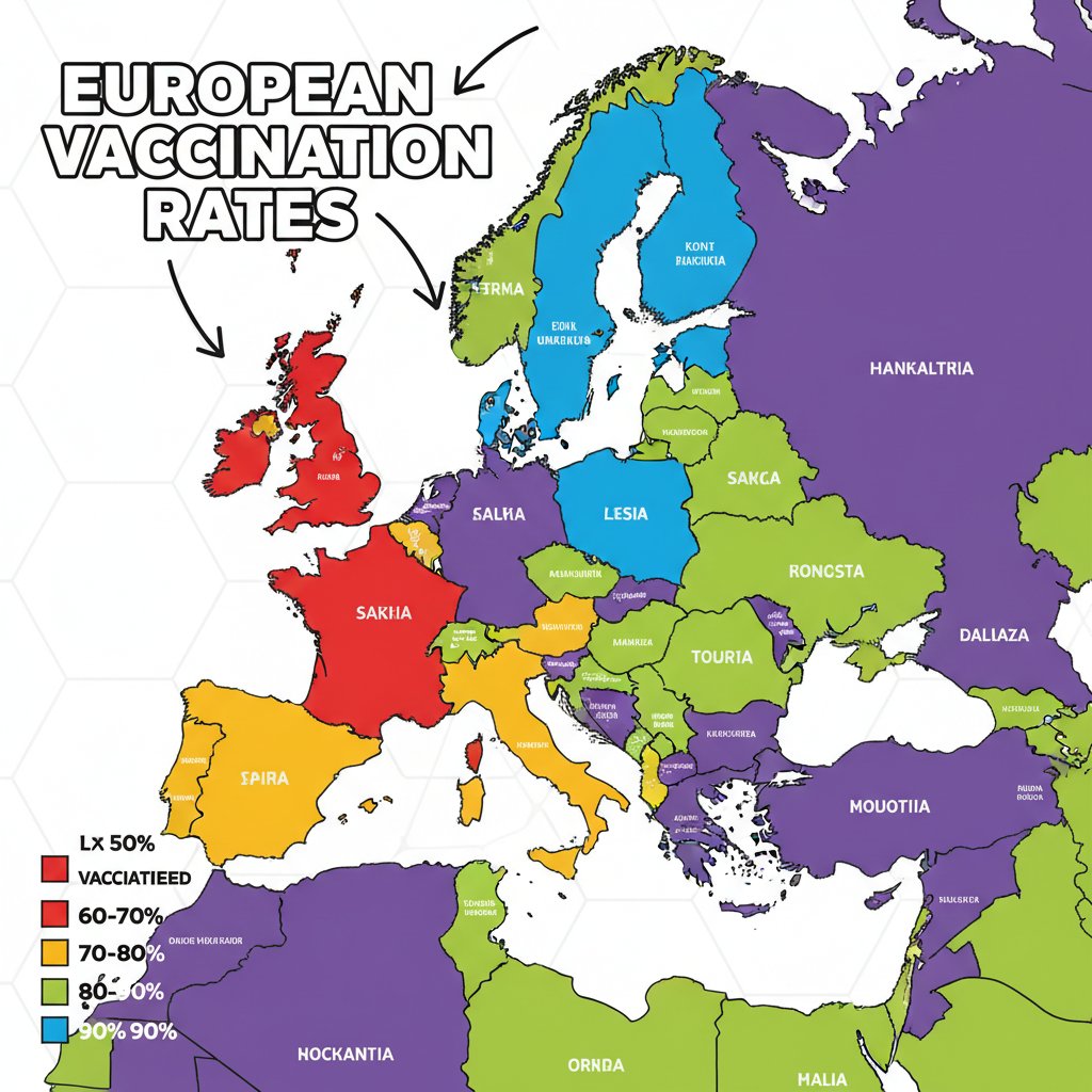 Poziom wyszczepialności w Europie na mapie – zdjęcie mapy z wyraźnymi kolorami i punktami danych