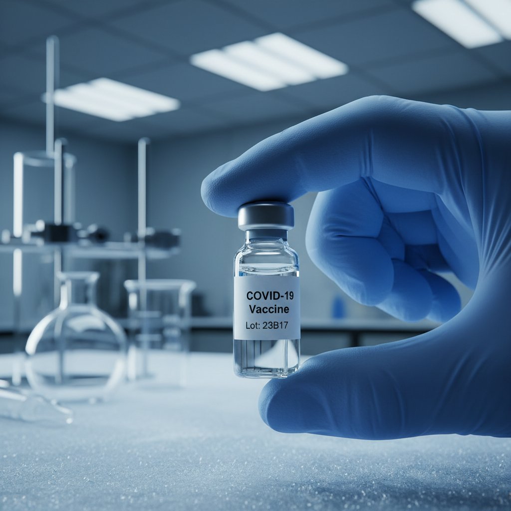 Nowoczesna ampułka szczepionki w laboratorium – zdjęcie makro, zimna kolorystyka, rękawiczka