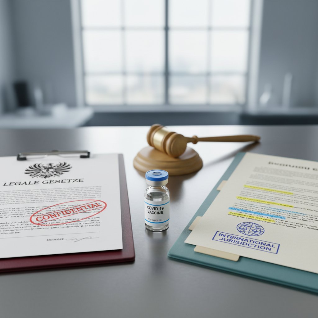 Zbliżenie na fiolkę szczepionki i dokumenty medyczne, symbolizujące różnice prawne