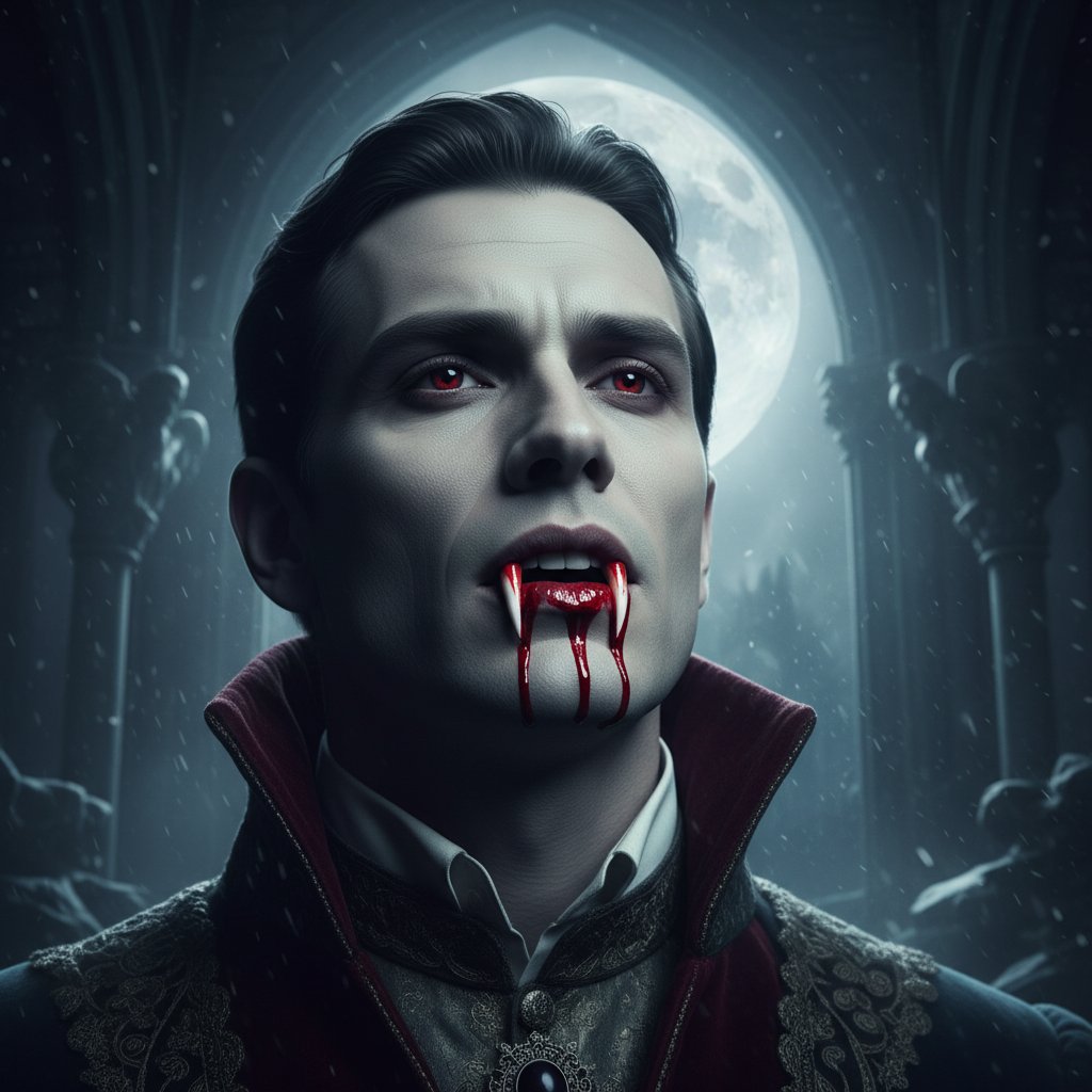 Dark, symbolic close-up of vampire teeth barely visible, illuminated by harsh moonlight, cinematic style