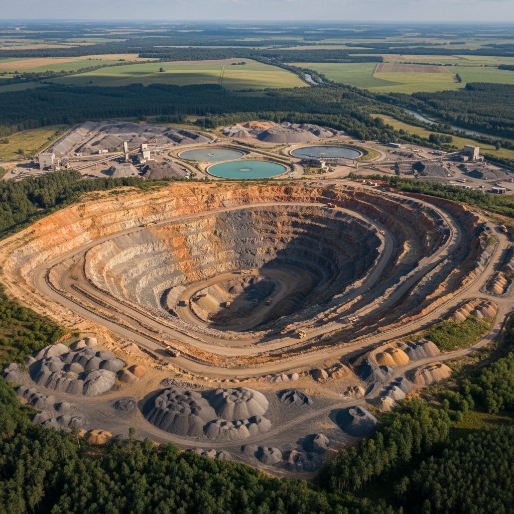 Widok z lotu ptaka na kopalnię odkrywkową wanadu w Polsce, zieleń i hałdy