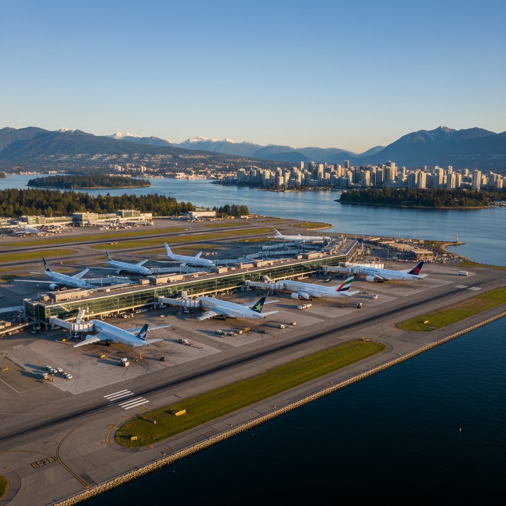Aerial view over Vancouver airport, with multiple international planes at gates, city and water in background