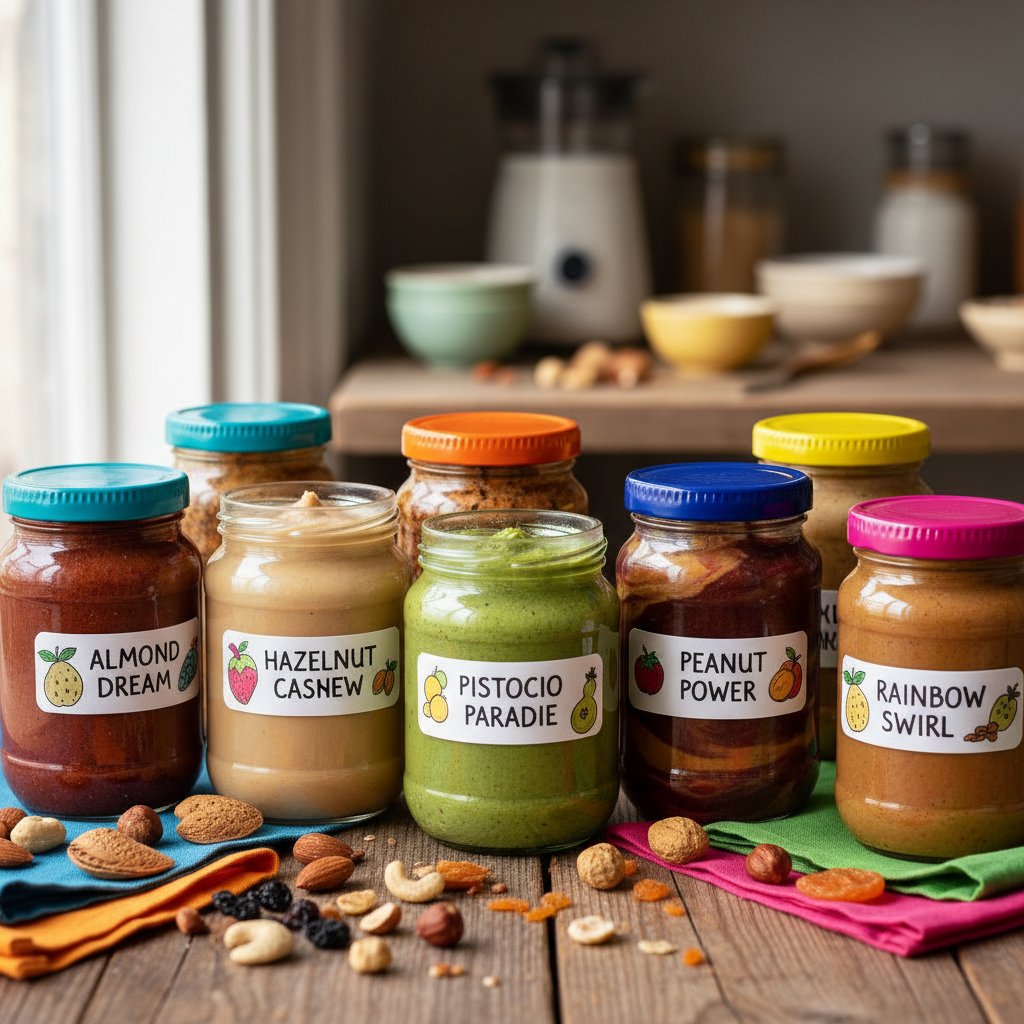 Stół z różnymi słoikami domowych maseł orzechowych, kolorowa kompozycja