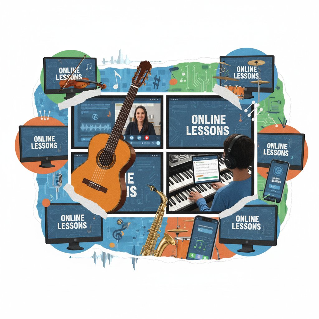 Różne instrumenty podczas lekcji online, kolaż zdjęć