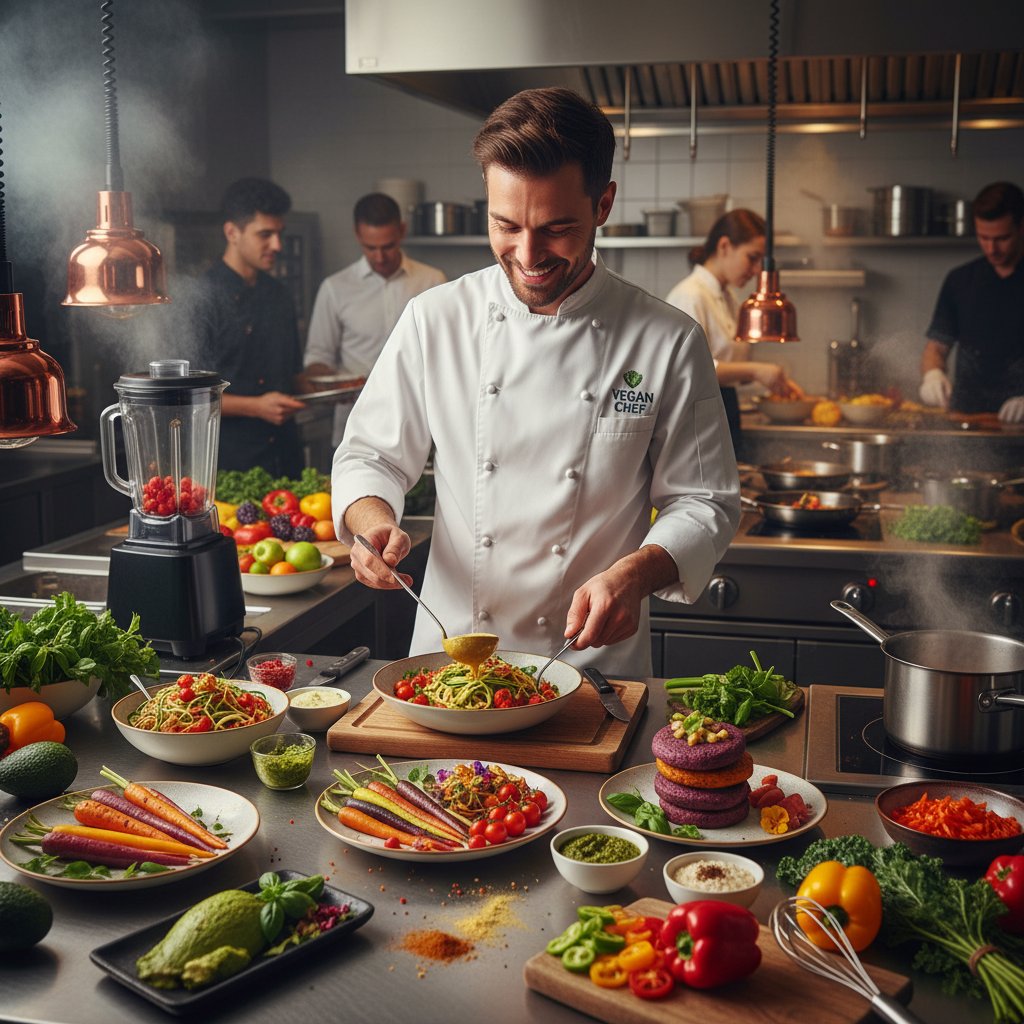 Szef kuchni przygotowuje wegańskie dania w hotelu