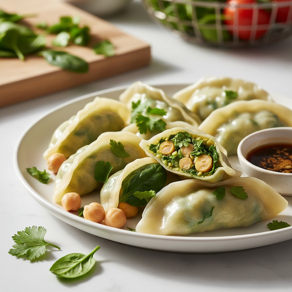 Wegańskie pierogi z ciecierzycą i szpinakiem, na talerzu ziołowym, jasne światło, styl naturalny