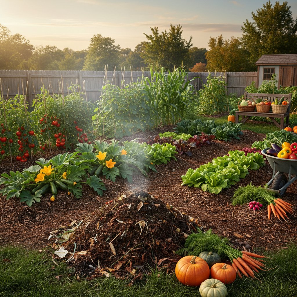 Zdrowy warzywnik z kompostem i ściółką, bogate plony, widoczne różne gatunki warzyw