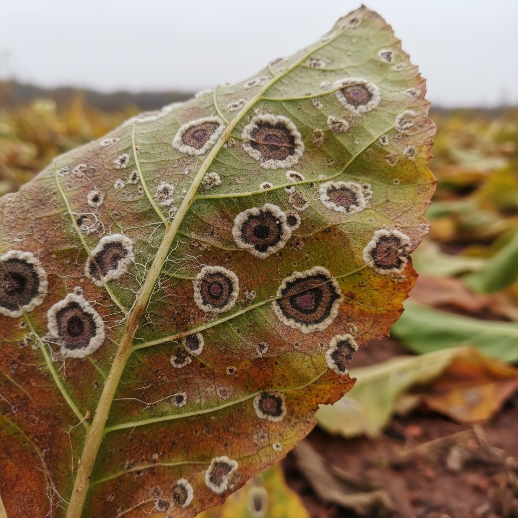 Zbliżenie na liście warzyw z oznakami choroby grzybowej po deszczowej jesieni