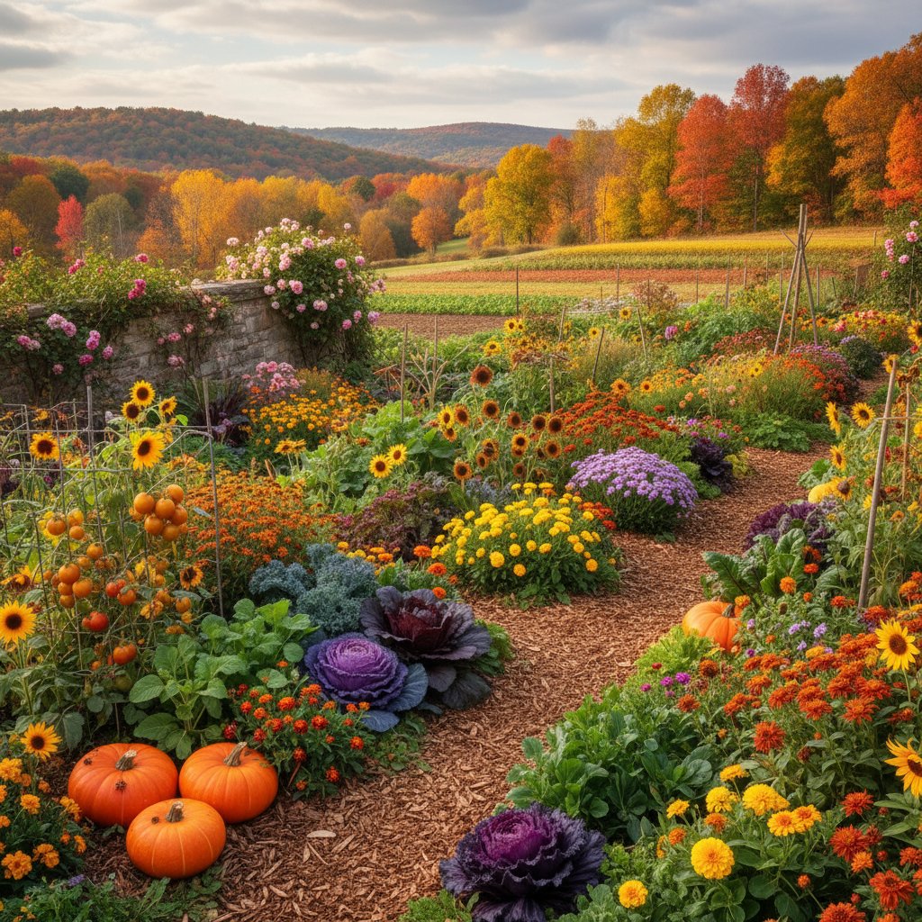 Zbliżenie na grządkę z mieszanką różnych warzyw i kwiatów w jesiennym ogrodzie