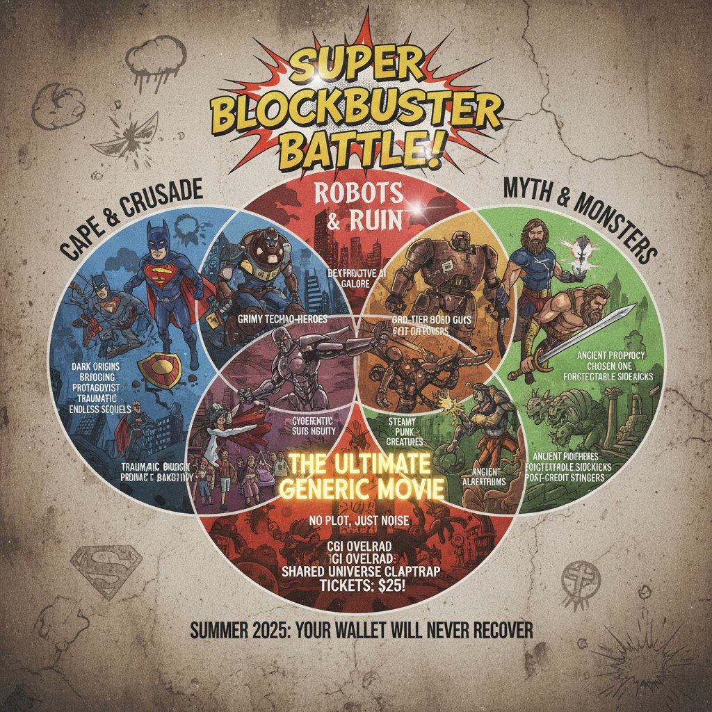 Venn diagram showing differences and similarities between superhero spoofs, satires, and blockbusters