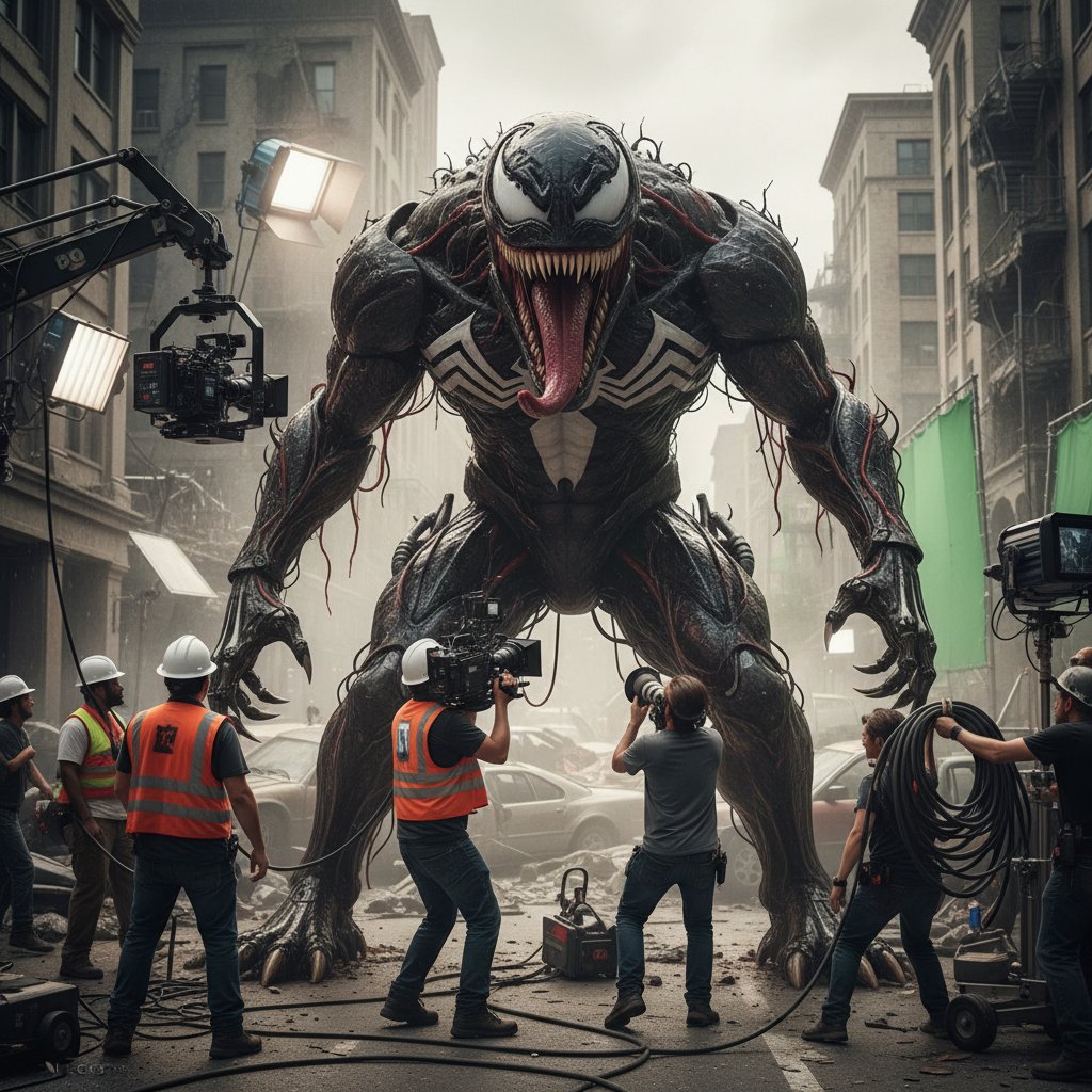 Venom animatronic puppet on movie set during filming