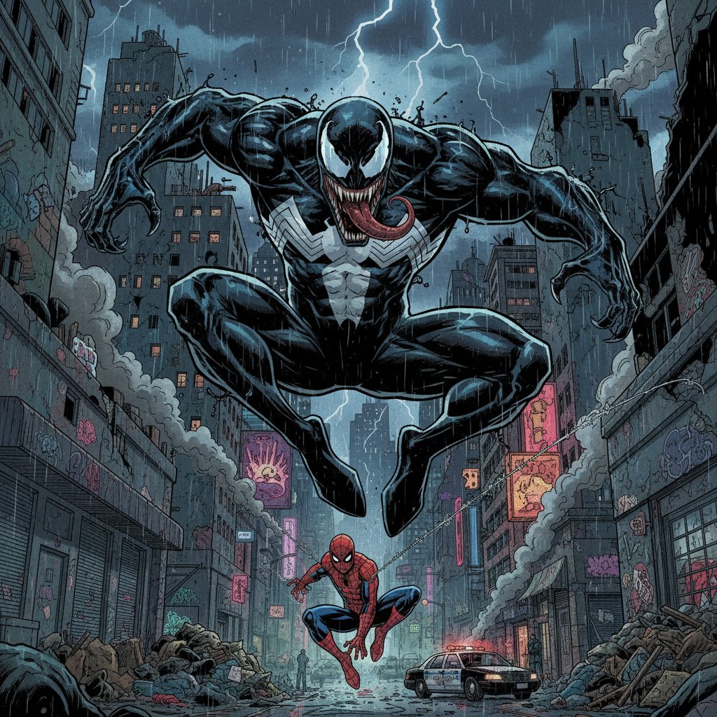 Venom and Spider-Man face-off in classic comic style