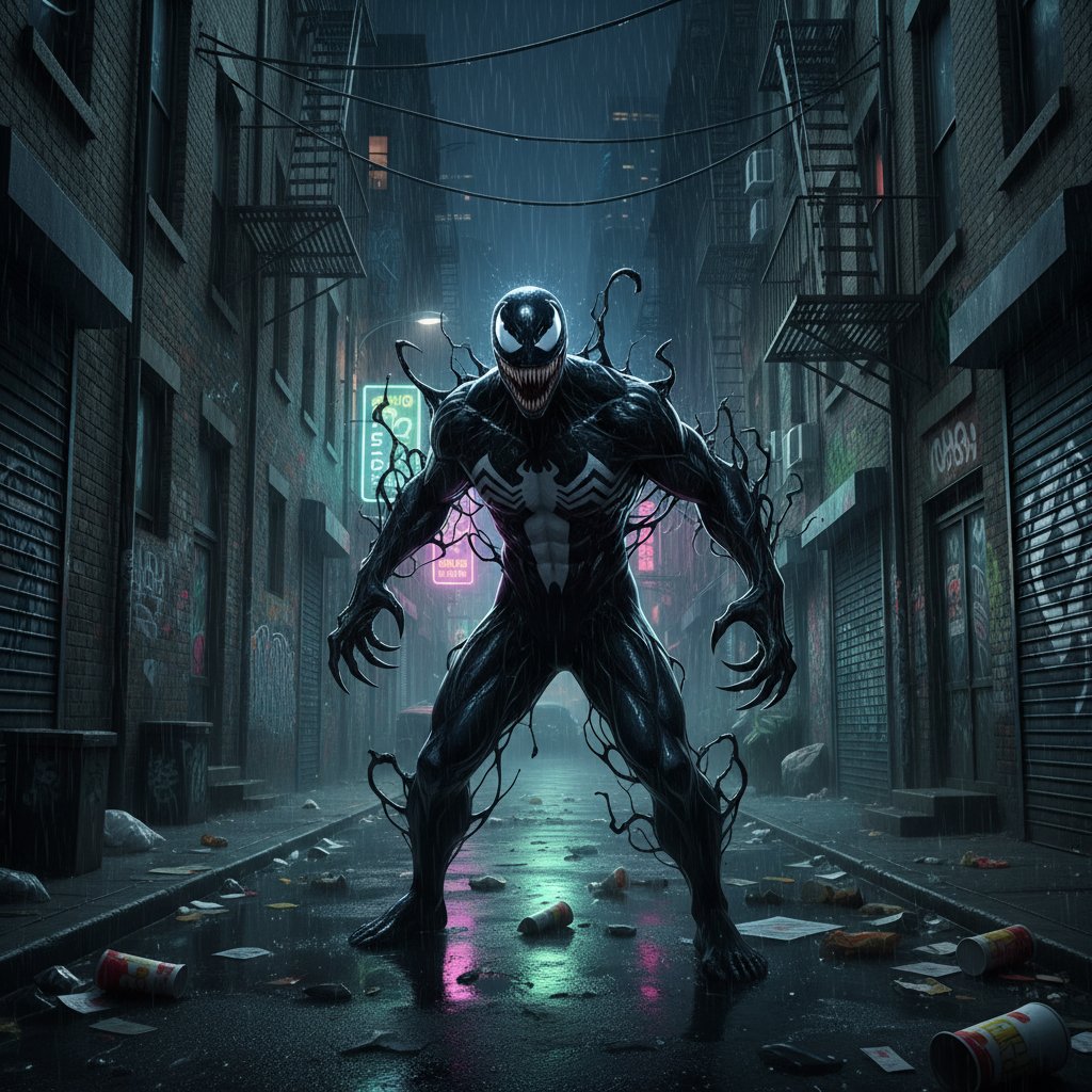 Venom transforming in a neon-lit alley