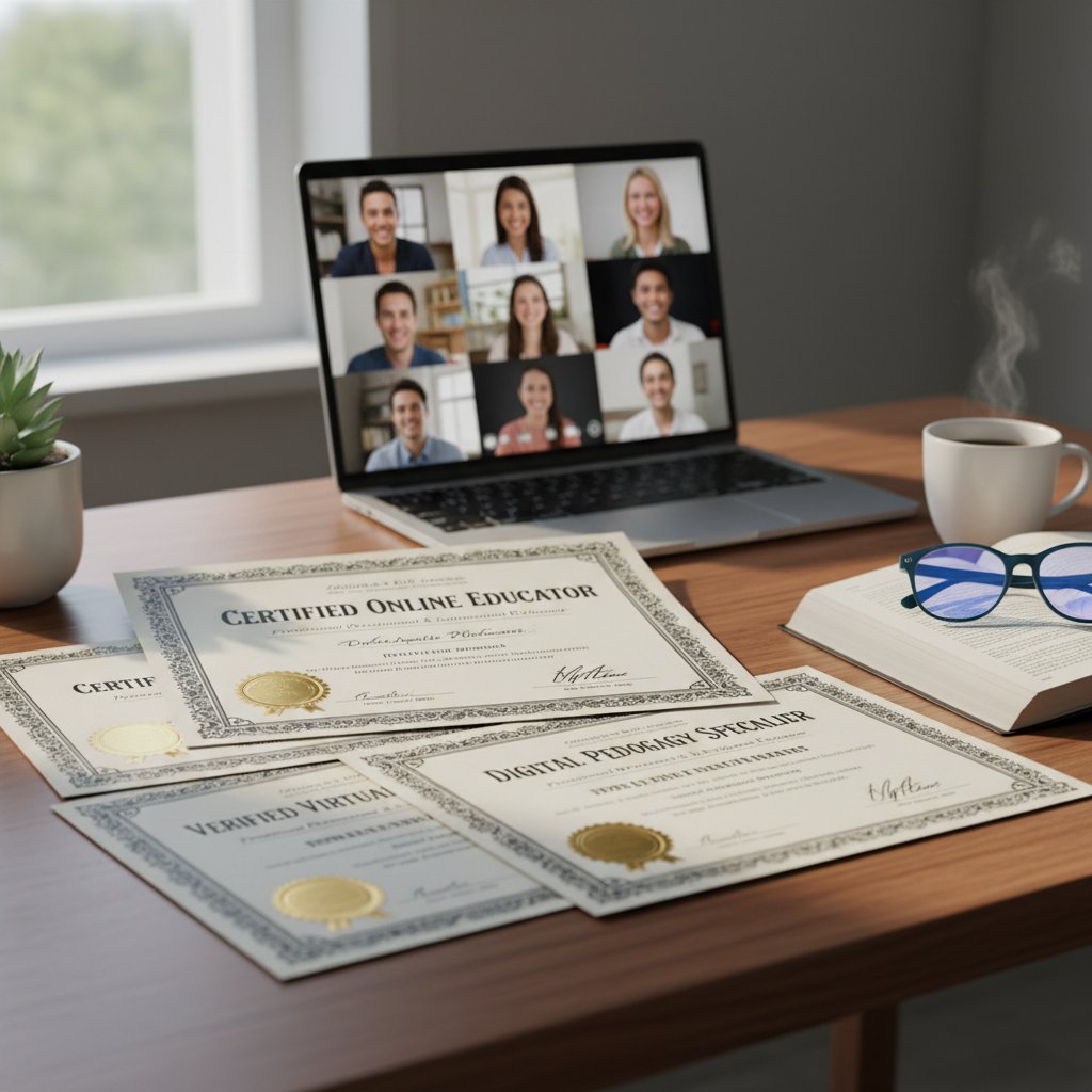 Kolaż dokumentów, certyfikatów i ekranu laptopa – jak weryfikować nauczyciela polskiego online