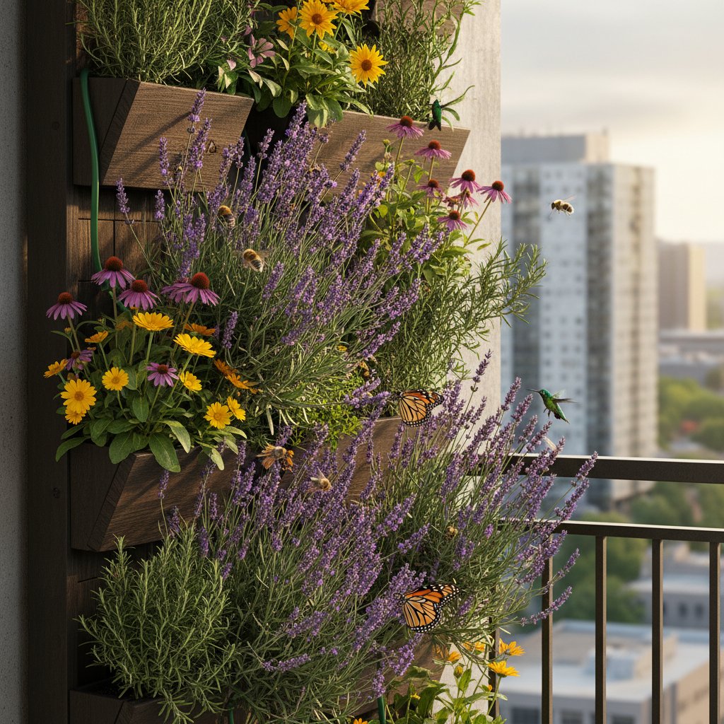 Balkon z wertykalnym ogrodem i kwitnącą lawendą przyciągającą pszczoły