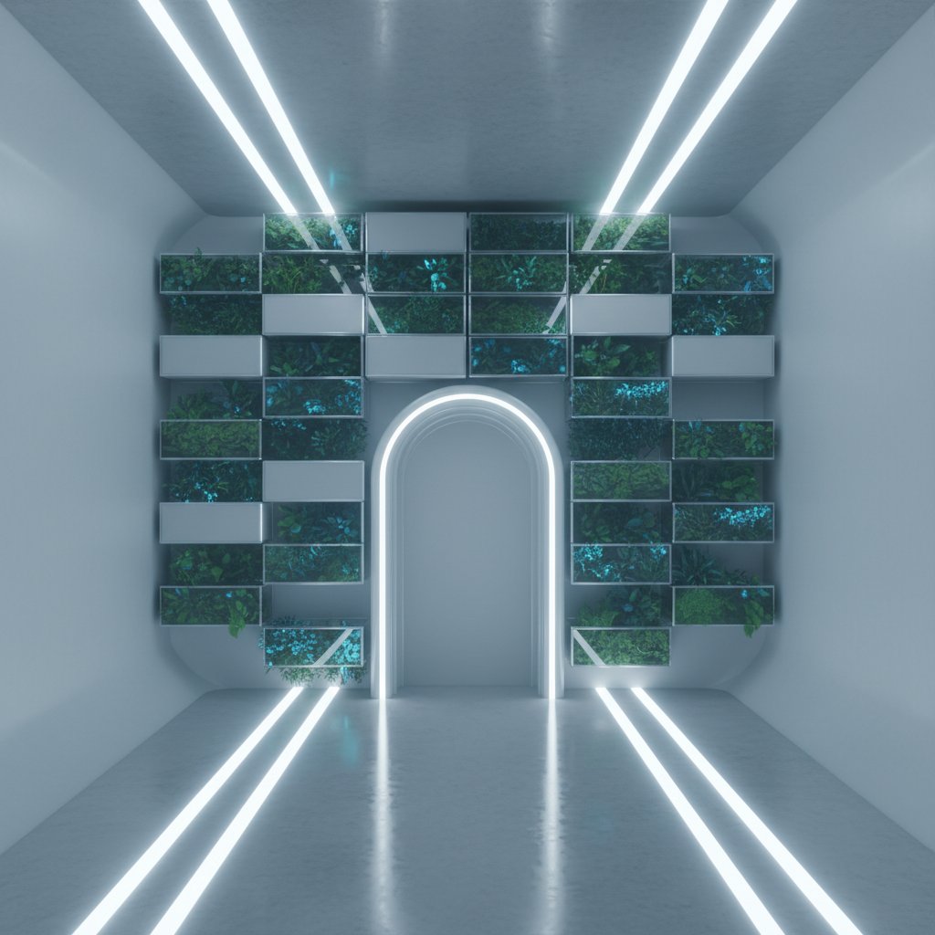 Nowoczesny minimalistyczny ogród wertykalny z futurystycznym oświetleniem, trend 2025