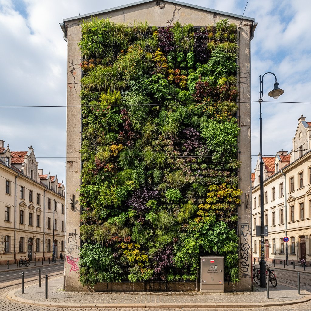 Ogród wertykalny na ścianie kamienicy w centrum polskiego miasta, z widocznymi roślinami i systemem automatycznego nawadniania