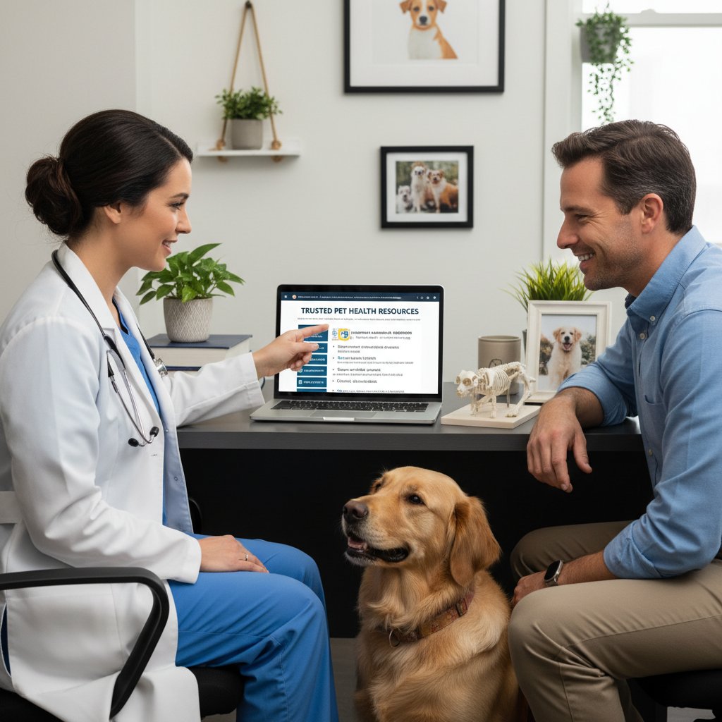 Lekarz weterynarii pokazujący wiarygodne źródła informacji na laptopie opiekunowi psa