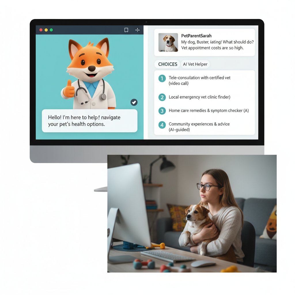 Porównanie rozmowy z lekarzem weterynarii, forum internetowego i ekranu AI na jednym zdjęciu – właściciel analizuje opcje