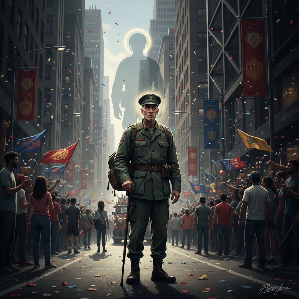 Weteran na paradzie w tłumie, ale samotny.