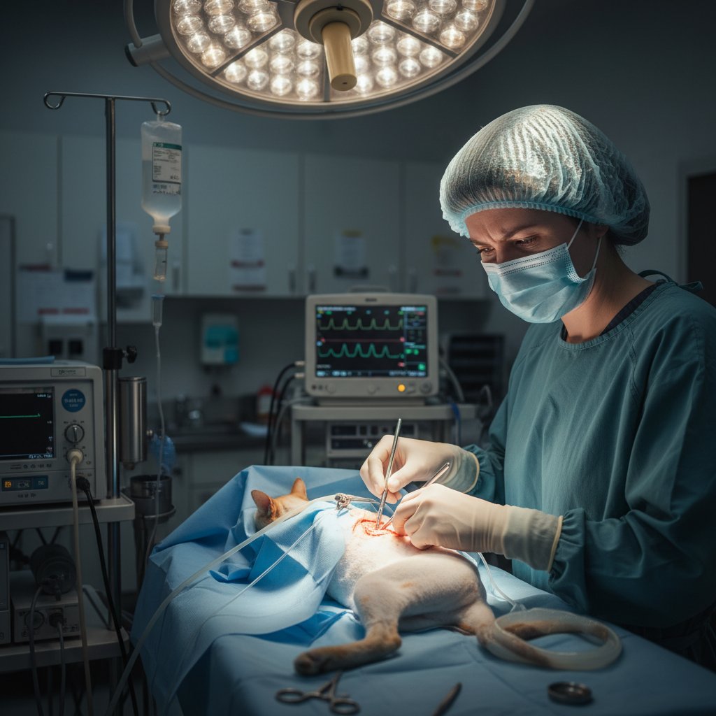 Lekarz weterynarii patrzący z powagą na kota na stole zabiegowym, dramatyczne światło