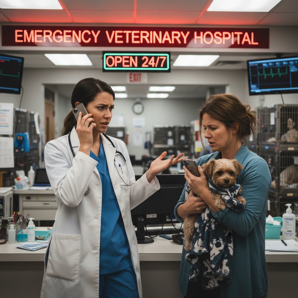 Lekarz weterynarii przyjmujący pilnego pacjenta, właściciel z telefonem w ręku, emocje i napięcie