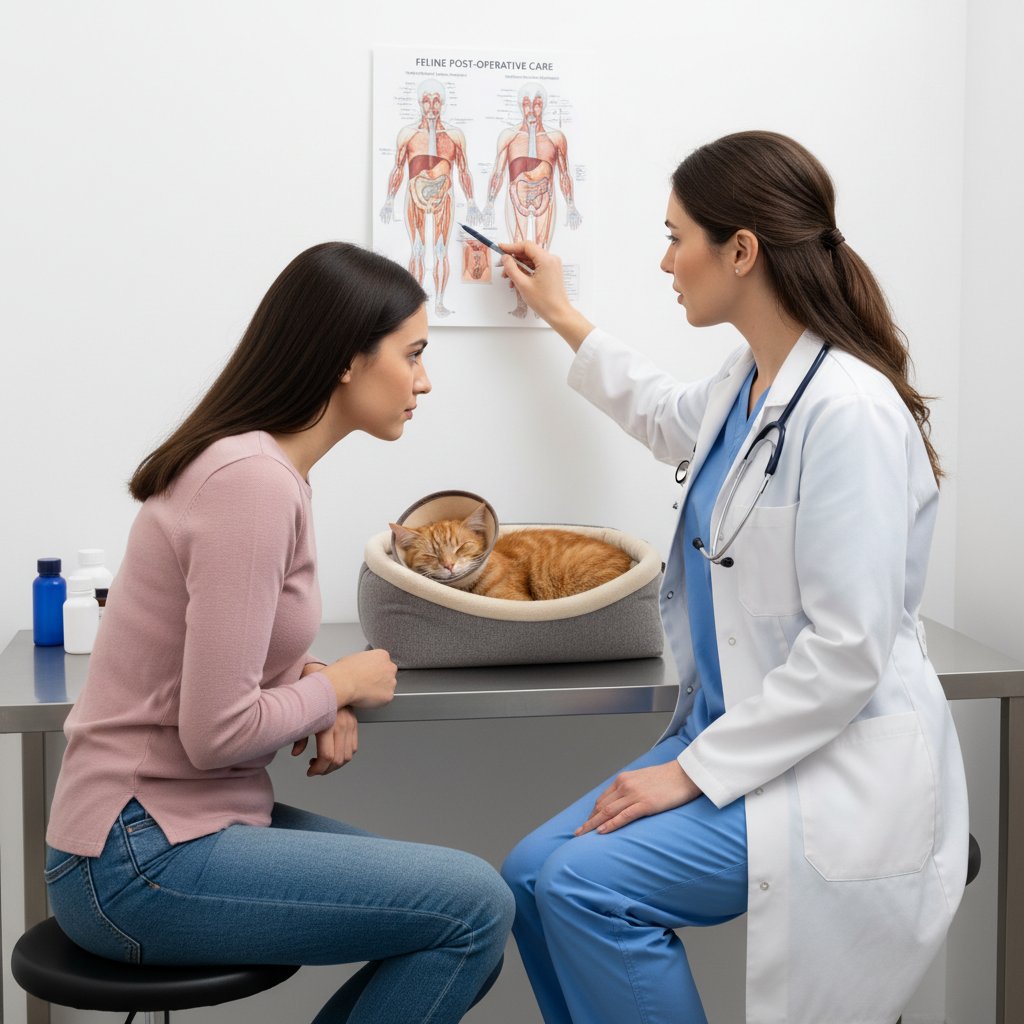Weterynarz tłumaczący pojęcia opiekunowi kota po operacji