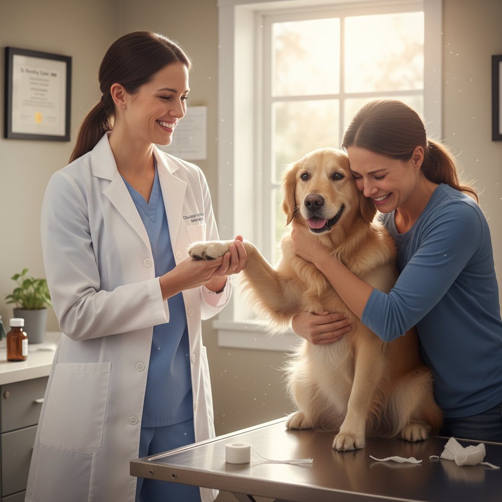 Lekarz i właścicielka cieszą się z pozytywnych wyników leczenia psa po kontroli