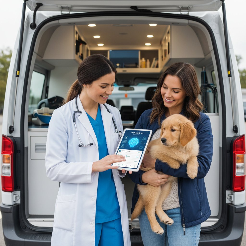 Zdjęcie weterynarza i właściciela korzystających z aplikacji AI dla zwierząt w klinice