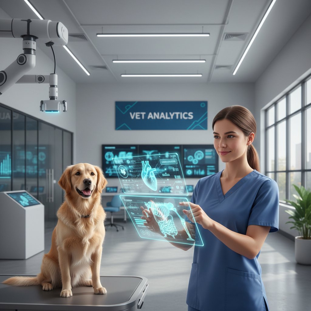 Weterynarz analizujący wyniki na tablecie, z widocznym logo AI na ekranie