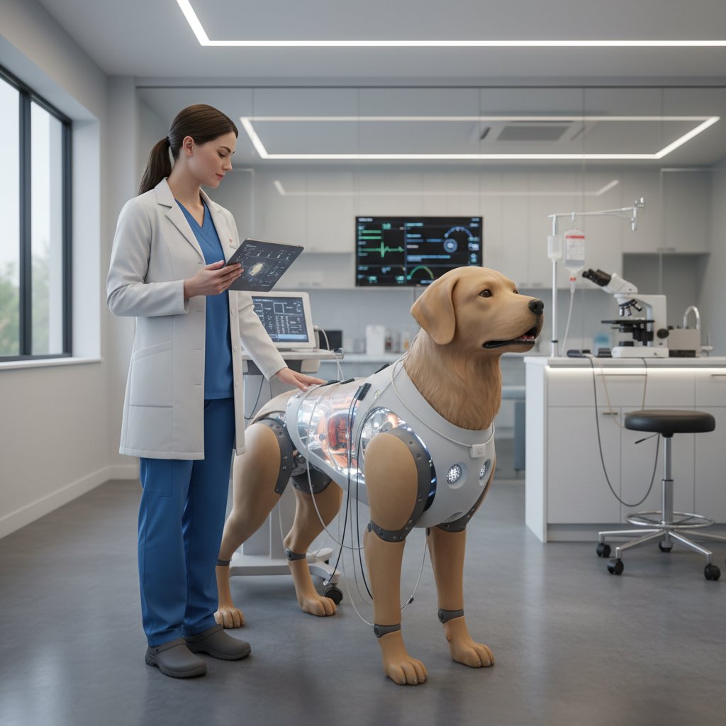 Weterynarz testujący symulator psa na nowoczesnym tablecie, realistyczne otoczenie kliniki