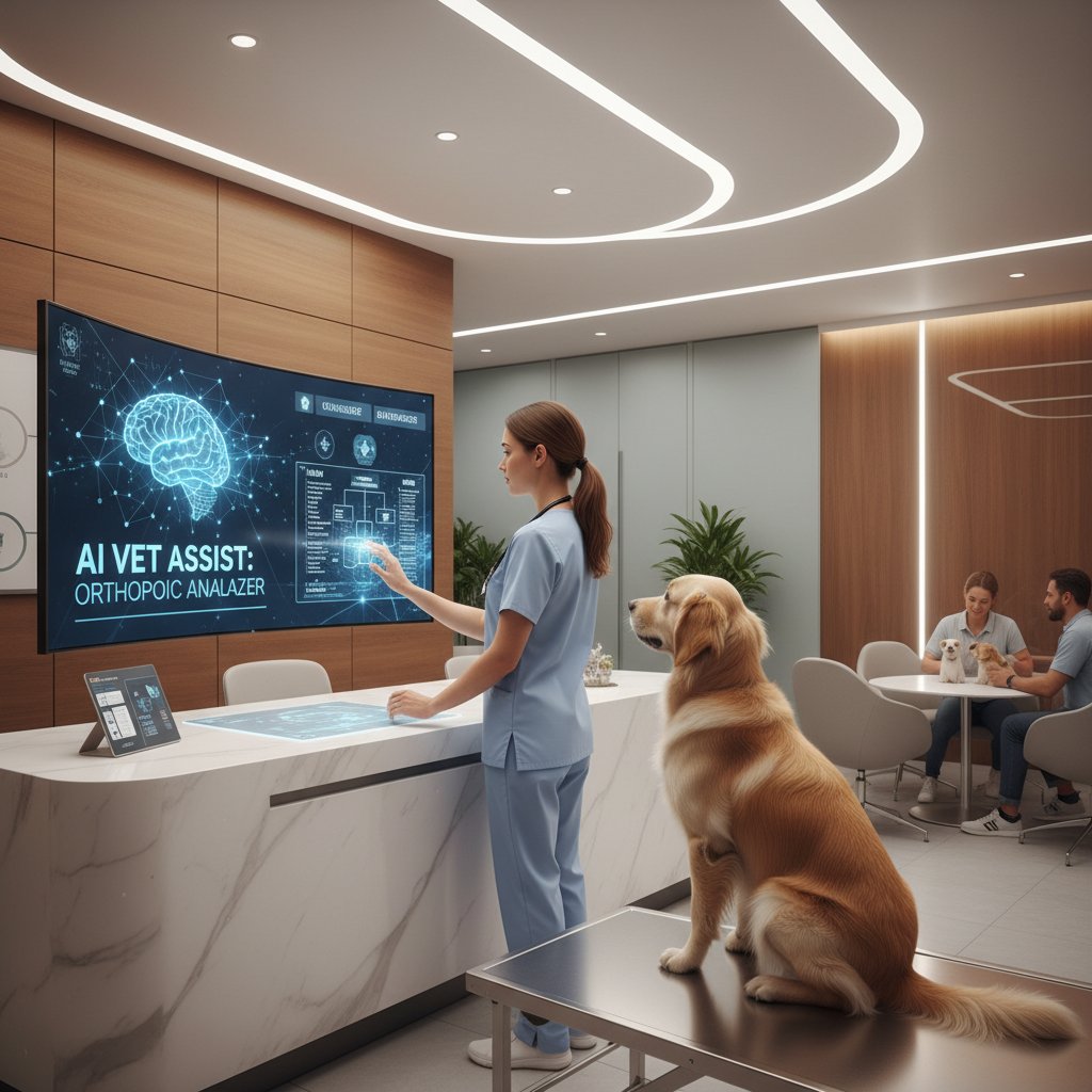 Nowoczesna klinika weterynaryjna, lekarz przy komputerze używający AI, pacjent w tle