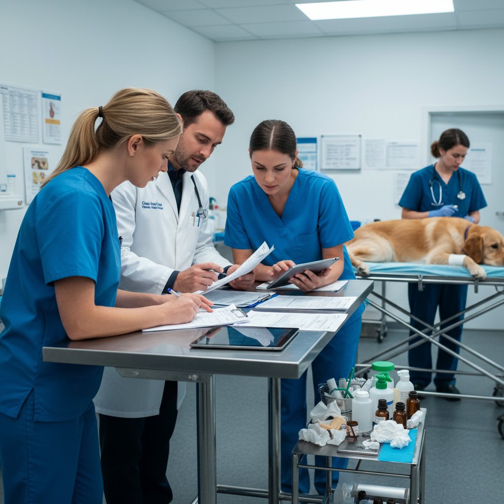 Zespół weterynaryjny podczas triage w klinice