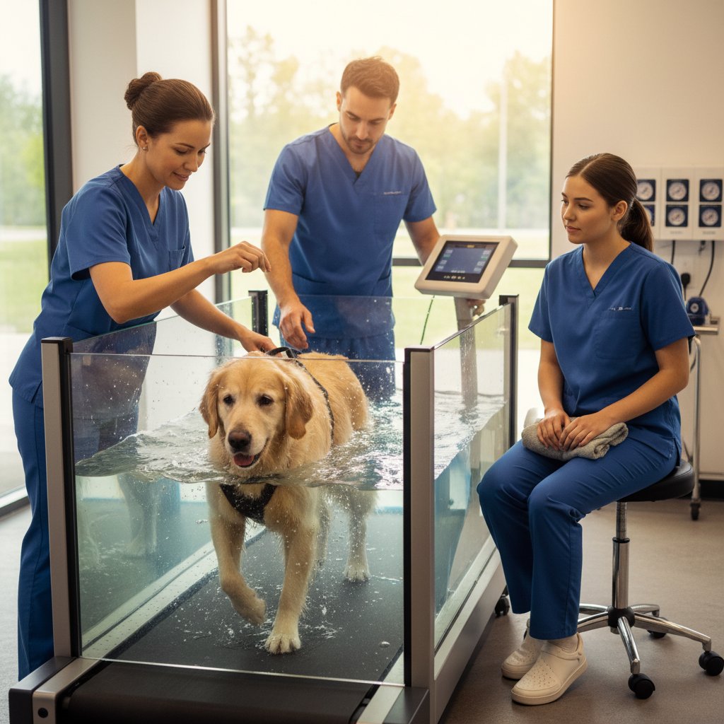 Zespół rehabilituje starszego psa w bieżni wodnej, fizjoterapia starszych psów, nowoczesna rehabilitacja