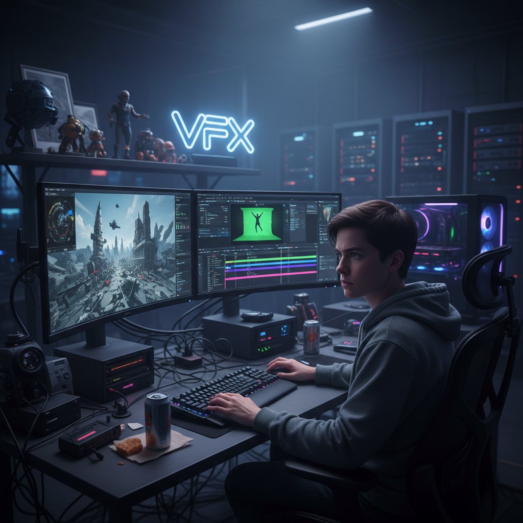 VFX artists at dual monitors, surrounded by digital and analog tools, working on visual effects movies