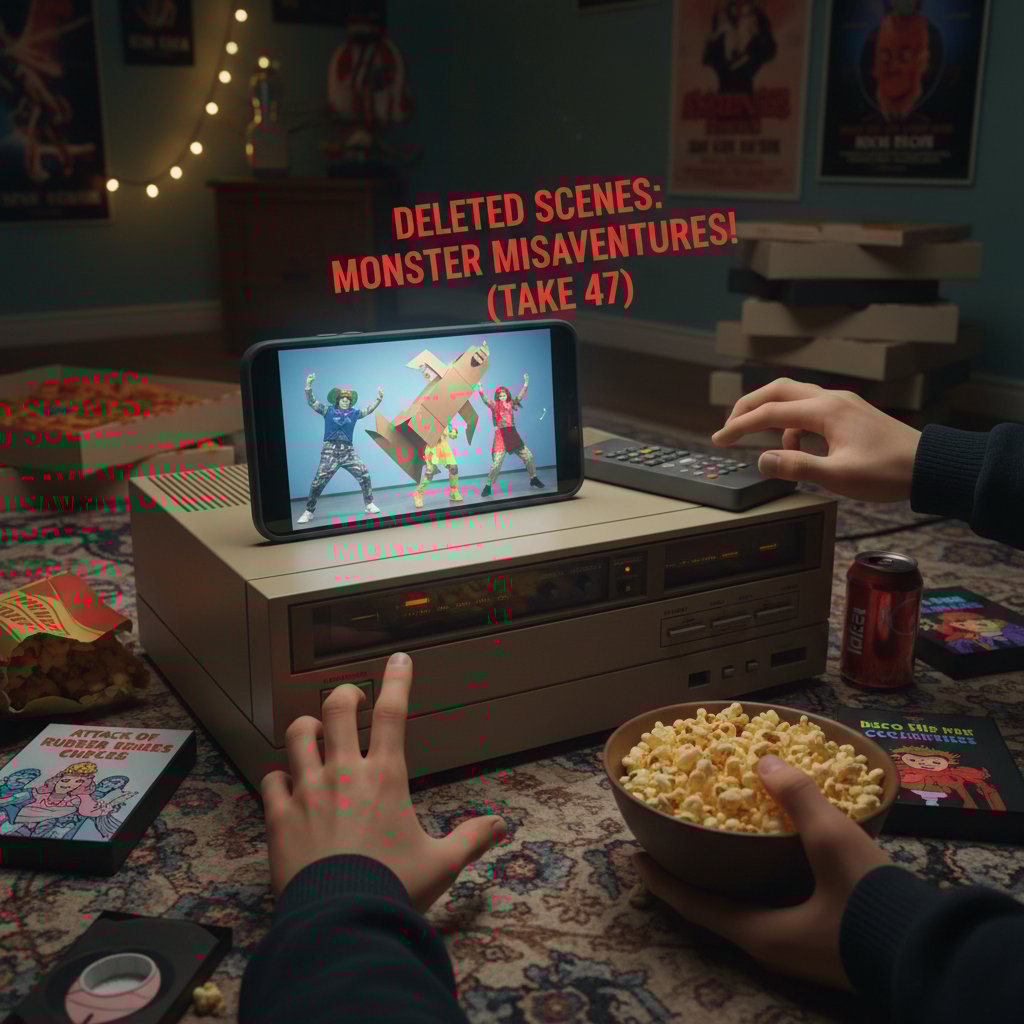 Split image of VHS player and phone streaming a deleted comedy scene, movie deleted scenes comedy, then vs now