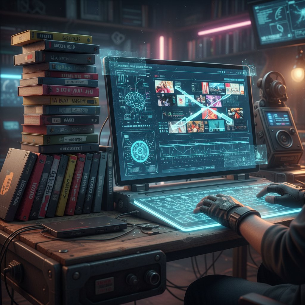 A timeline photo showing a stack of VHS tapes on one side and a modern laptop running an AI film editor on the other, symbolizing the evolution of movie tutorials