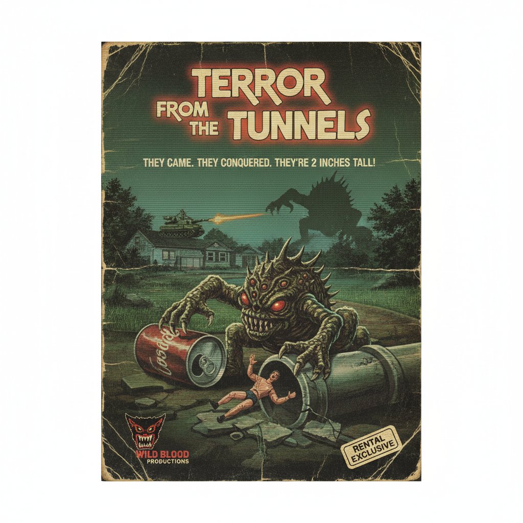 VHS style art of cult tiny monster movie villain