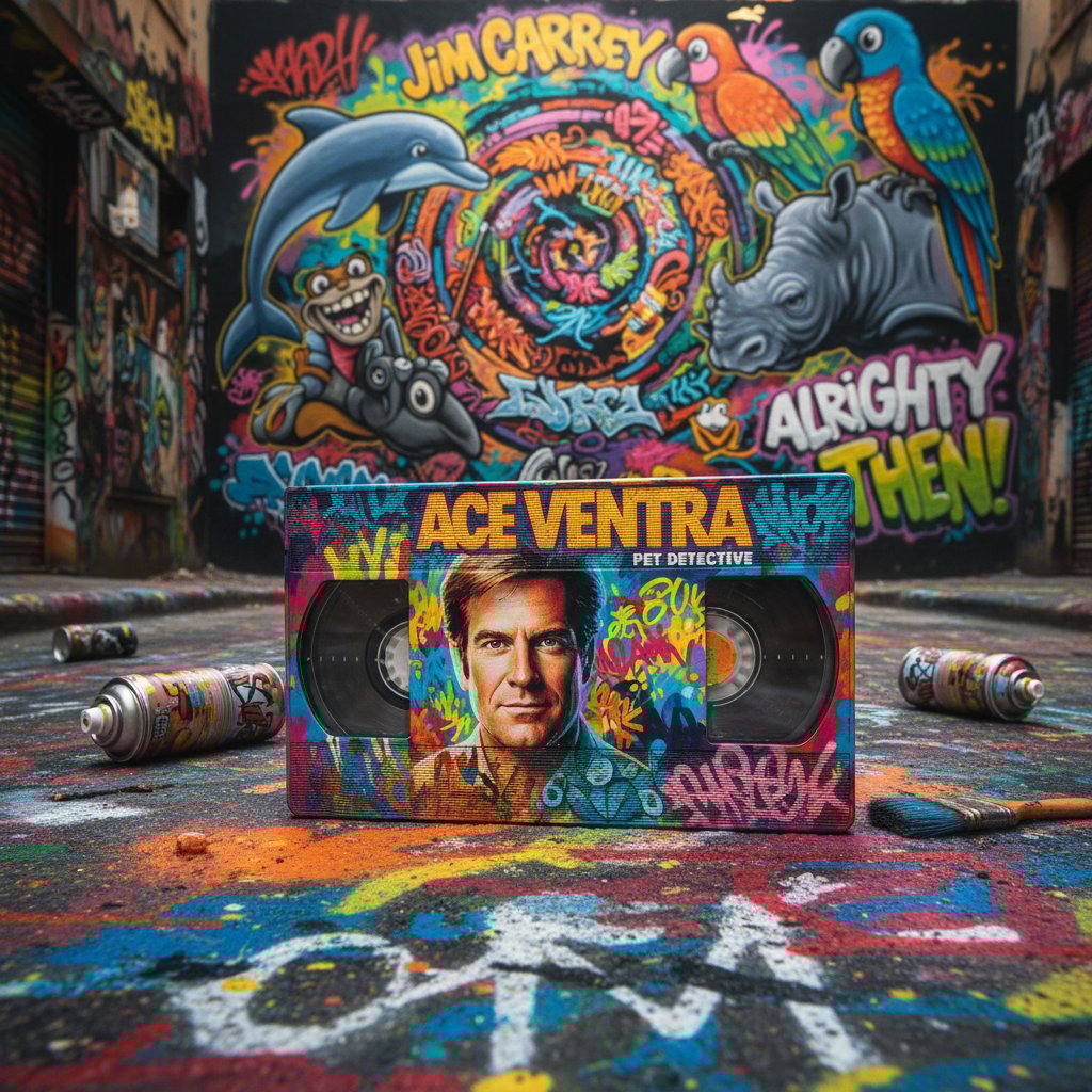 VHS tape of Ace Ventura on city street symbolizes Carrey’s 90s impact