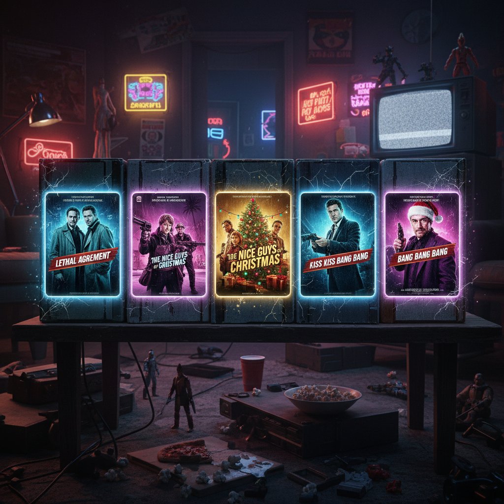 A stack of Shane Black movies spanning decades, from VHS to streaming thumbnails representing his evolving filmography