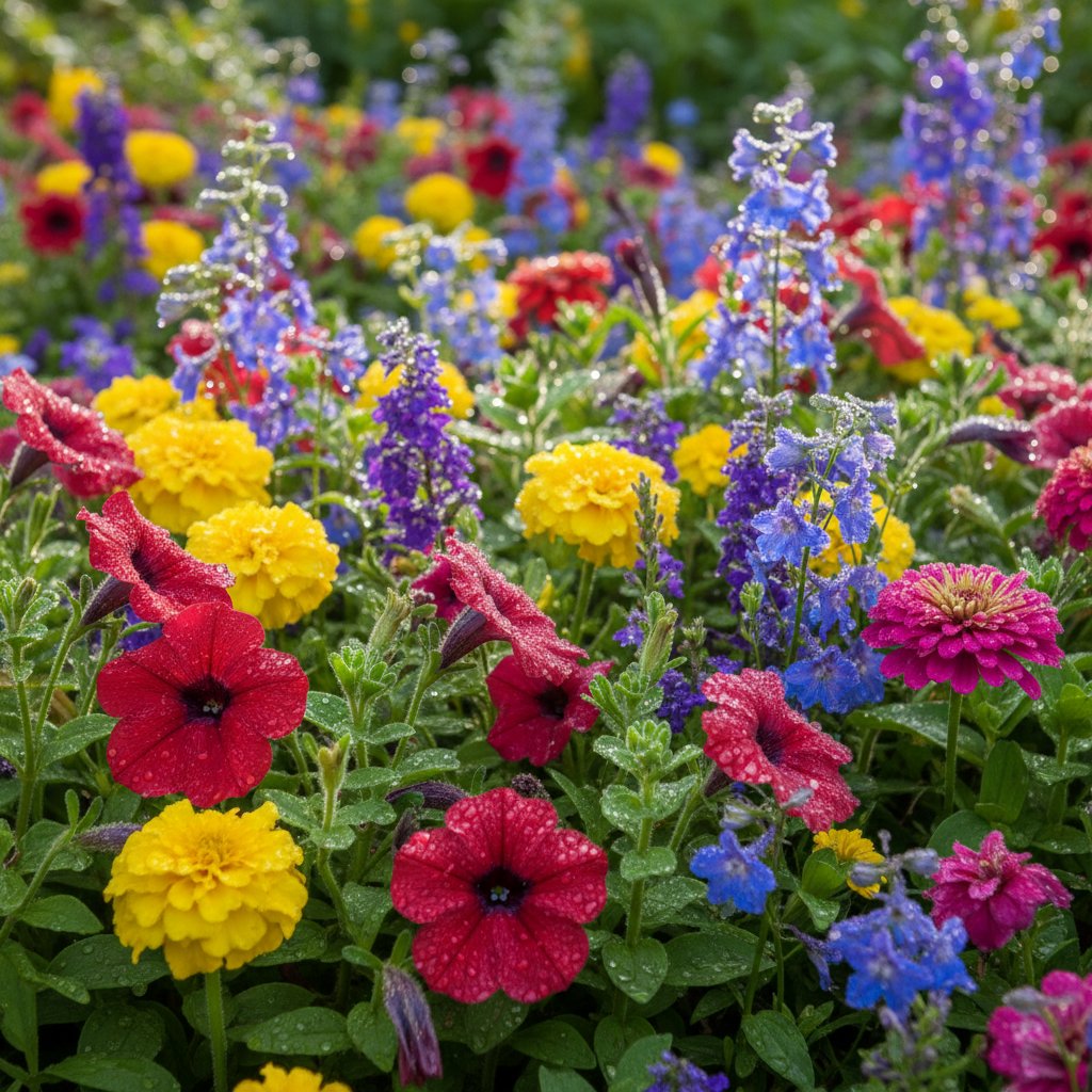 Zbliżenie na jednoroczne kwiaty na rabacie w pełni lata